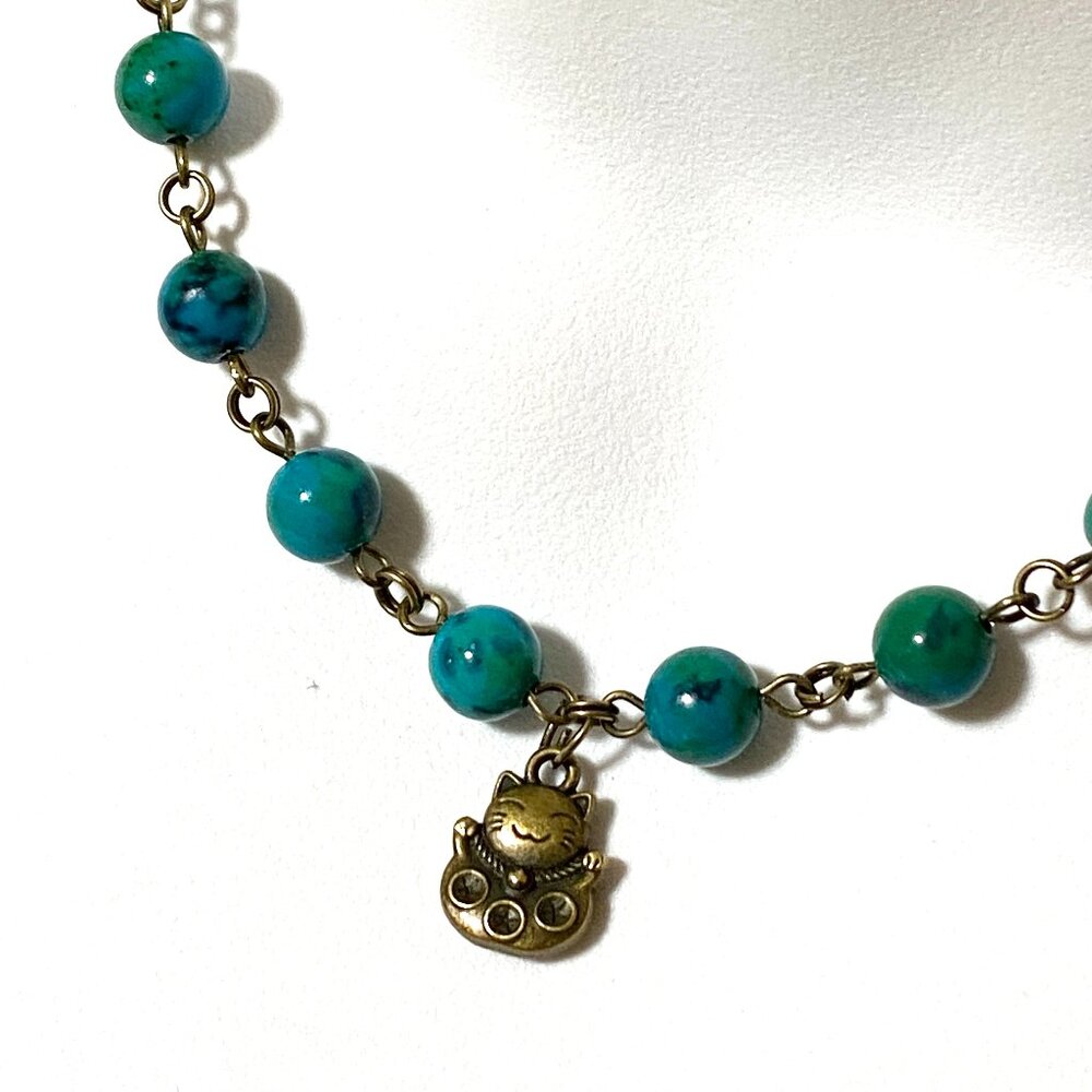 Genuine Teal Chrysocolla Short Necklace, Natural Gemstone & Bronze Fortune Cat